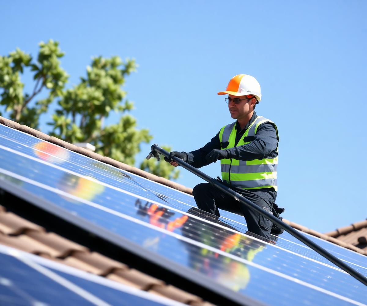 Primetime Services technician cleaning rooftop solar panels in Fresno with a water-fed pole