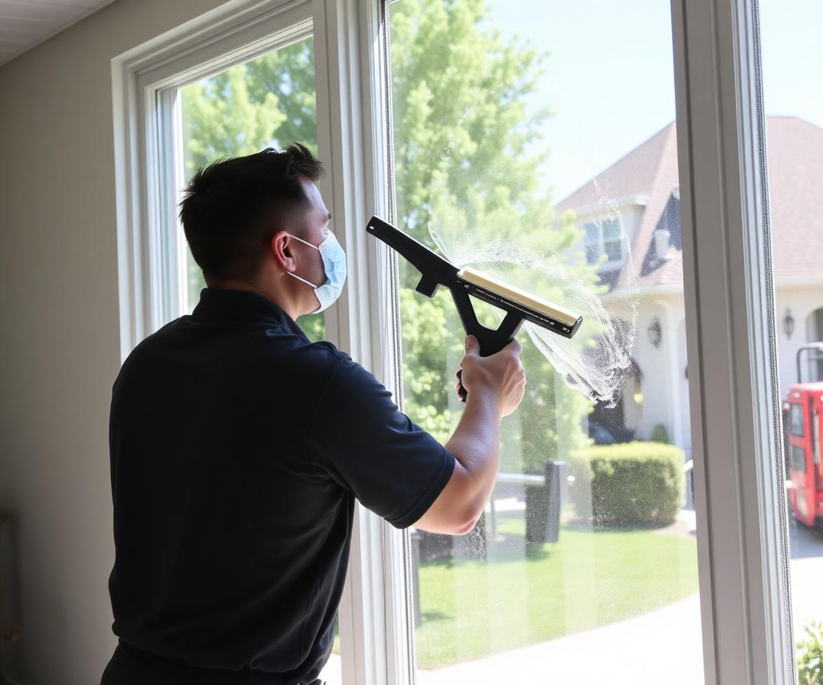 Window cleaner squeegeeing a large residential window to a streak-free finish