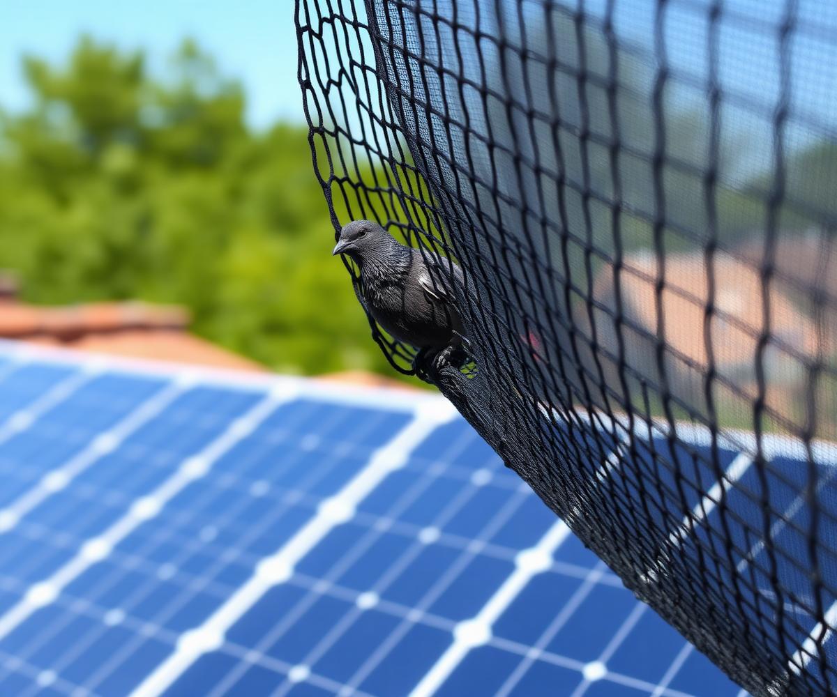 Black bird netting clipped along the edge of rooftop solar panels to block pigeons