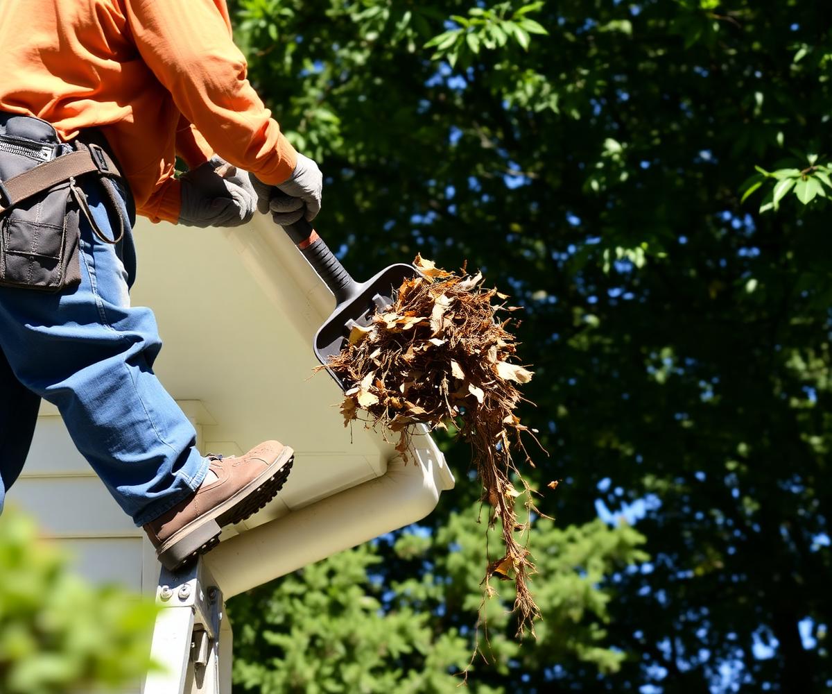 Worker on a ladder clearing leaves and debris from a residential rain gutter