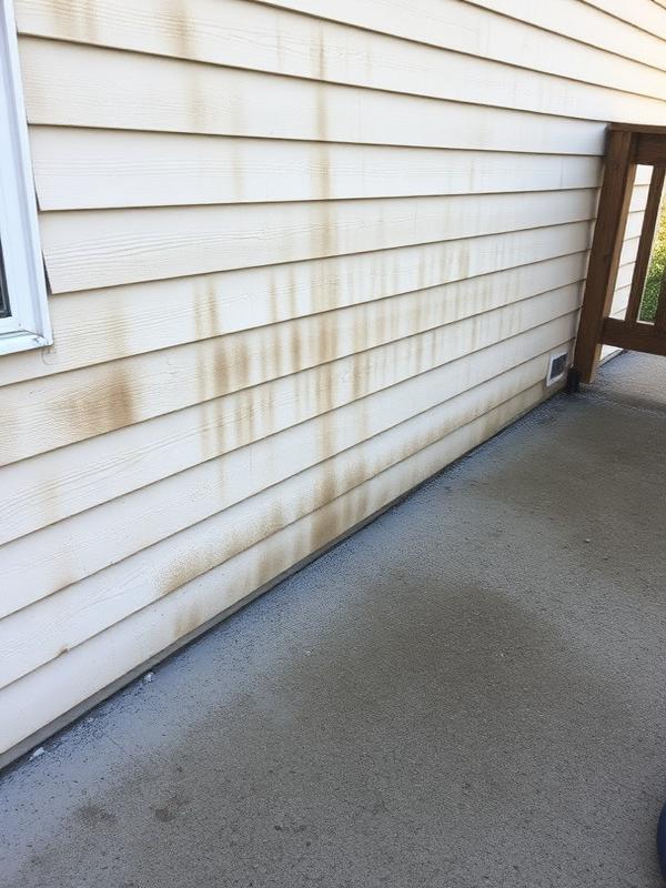 House siding and patio stained with dirt and rust streaks before pressure washing