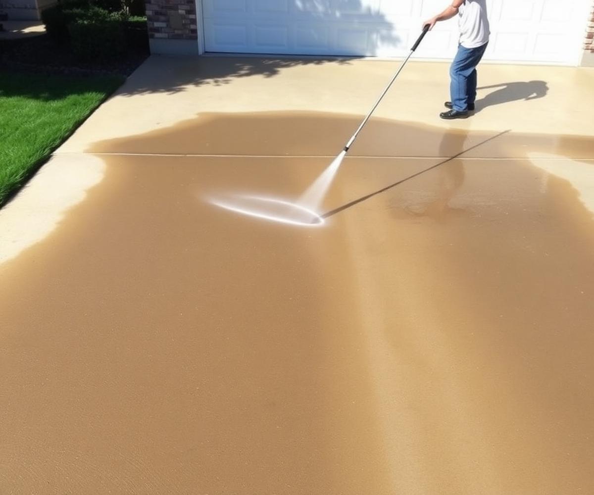 Pressure washing a concrete driveway with a bright clean stripe against dirty concrete
